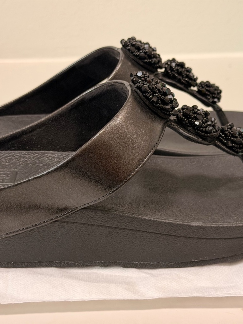 FitFlop Black Bejeweled Platform Thong Sandals